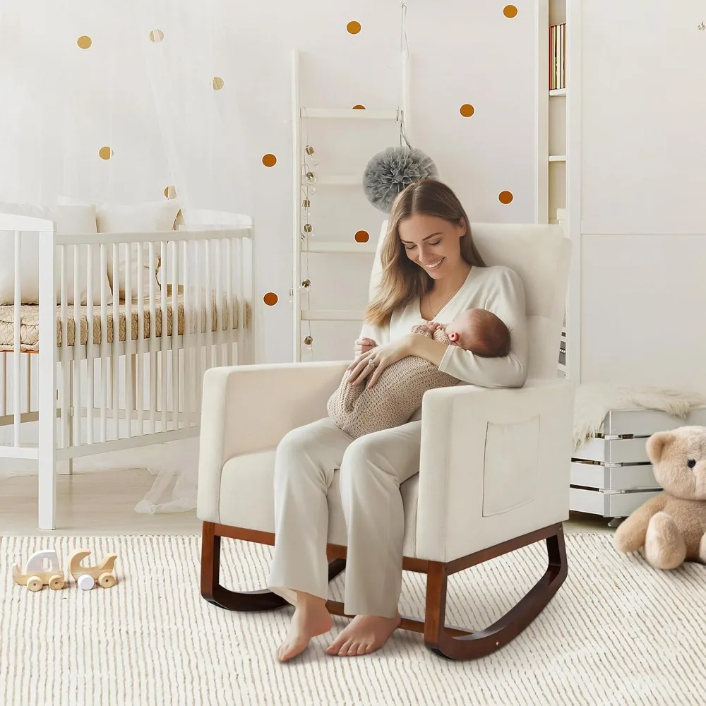 كرسي هزاز Yaheetech، كرسي طائرة شراعية حديث، كرسي بذراعين مع أرجل خشبية وجيب جانبي، كرسي هزاز للحضانة مع #3