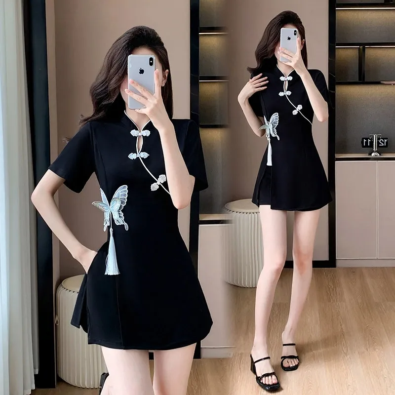 2024 Summer New Cheongsam Dress Outfits Butterfly Embroidery Dress And Shorts Two-Piece Set Suit Female Chinese Vintage Set 3242