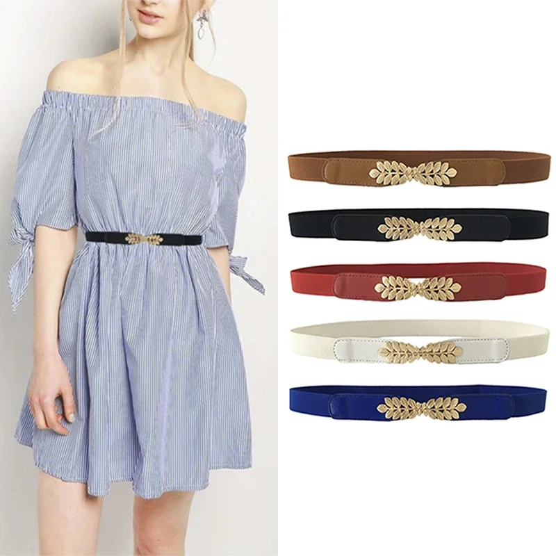 Fashion Leaf Waistbands Stretchy Lady HOT Elastic Cummerbunds For Women Dark Blue Belt Dress Gold Double Metal Buckle Waistband