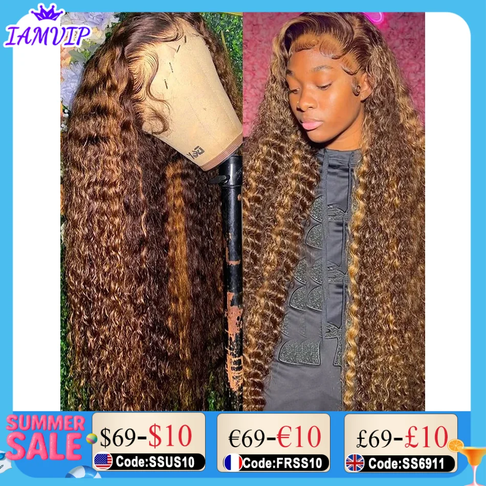 

Highlight Ombre Deep Wave 13x6 13x4 Lace Front Wig Human Hair HD 4/27 Honey Blonde Pre Plucked 180 Density Wig For Black Women
