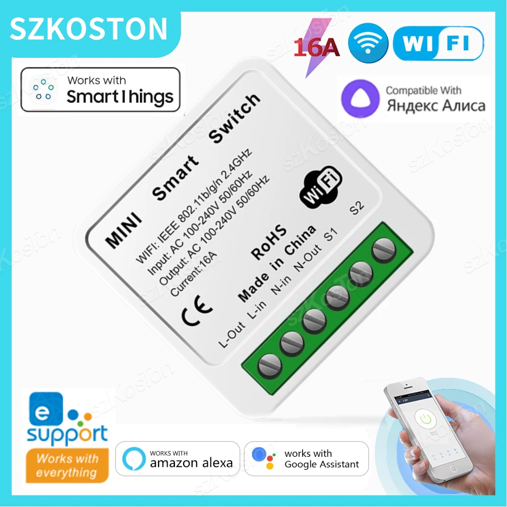 EWeLink 앱 미니 와이파이 스마트 스위치, DIY 조명 차단기 모듈, 스마트 홈 자동화, SmartThings Alexa Google Alice와 작동, 16A 