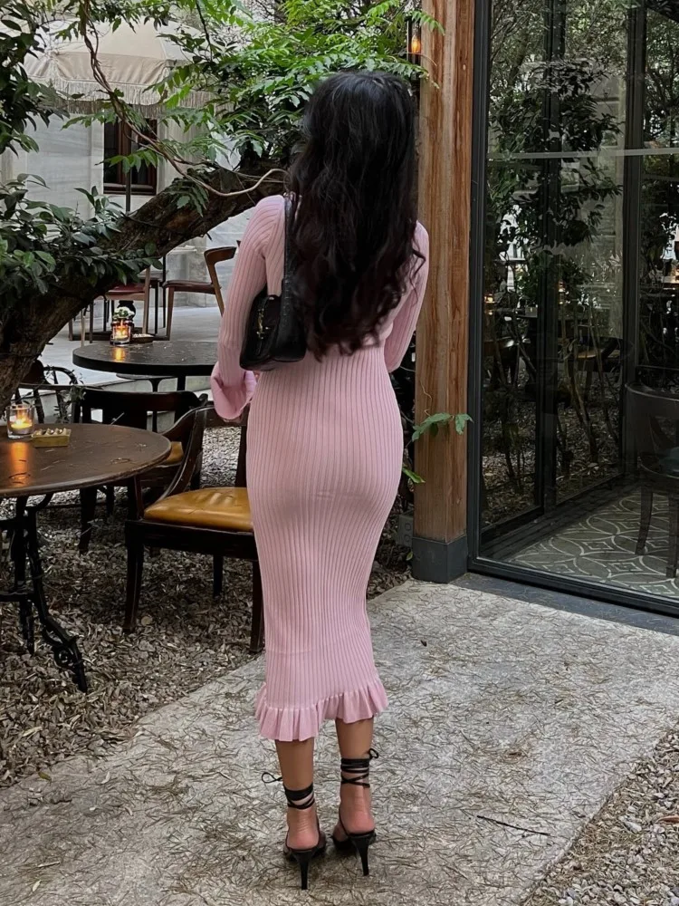 Robe plissée tricotée rose pour femmes, Chic, élégante, bord à volants, simple boutonnage, manches longues, Slim, mi-longue, nouvelle collection automne 2025