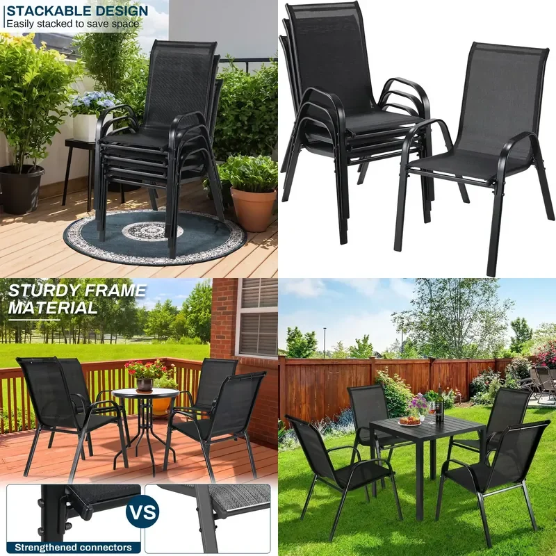 4PCS High Back Folding Chairs Steel Teslin, Outdoor Garden Camping Chair Set for Balcony, Heavy Duty 150kg, Black