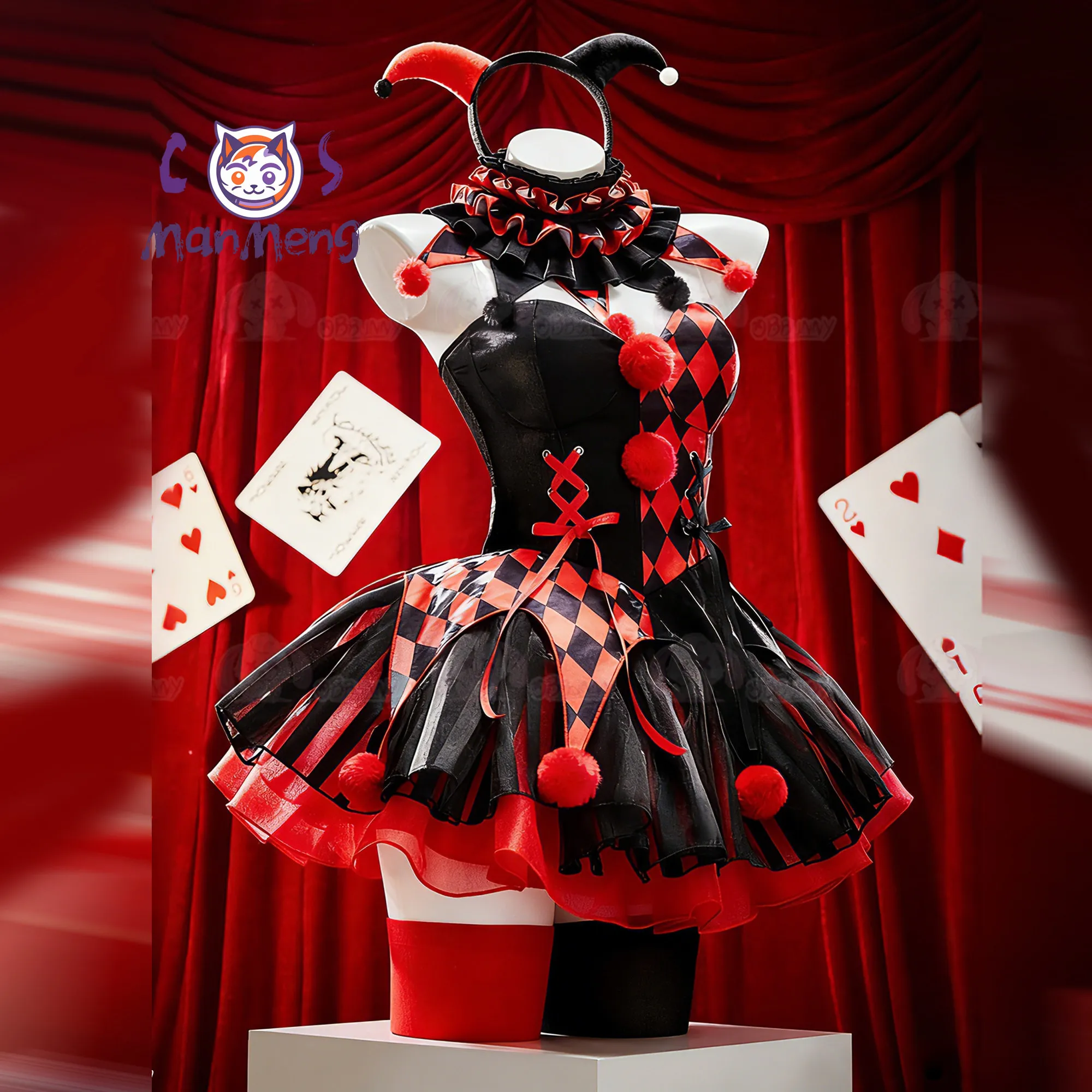 Joker Black and red spliced Dress Clown Cosplay Costume Halloween Carnival Gothic Lolita Gloves Men Women Uniform view 5