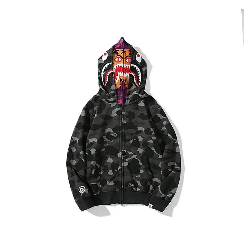 Nieuwe AAPE BY A BATHING APE 100% katoen Trendy Shark-hoodie met ritssluiting voor heren Fijn borduurwerk Loszittende puur katoenen capuchon