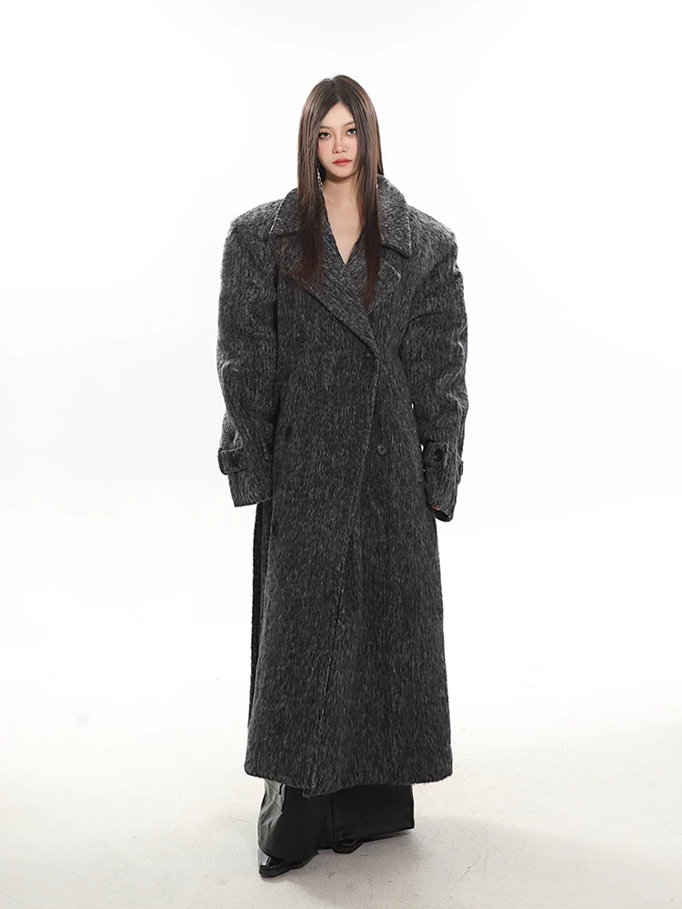 Winter New Mid-Length Coat Thickening Black Woolen High-Grade