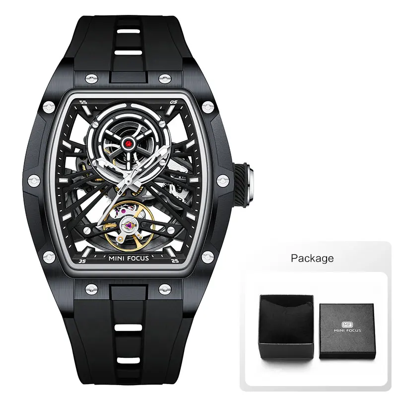 MINIFOCUS Men's Automatic Mechanical Watch Black Tonneau Dial Luminous Hands Silicone Band 6