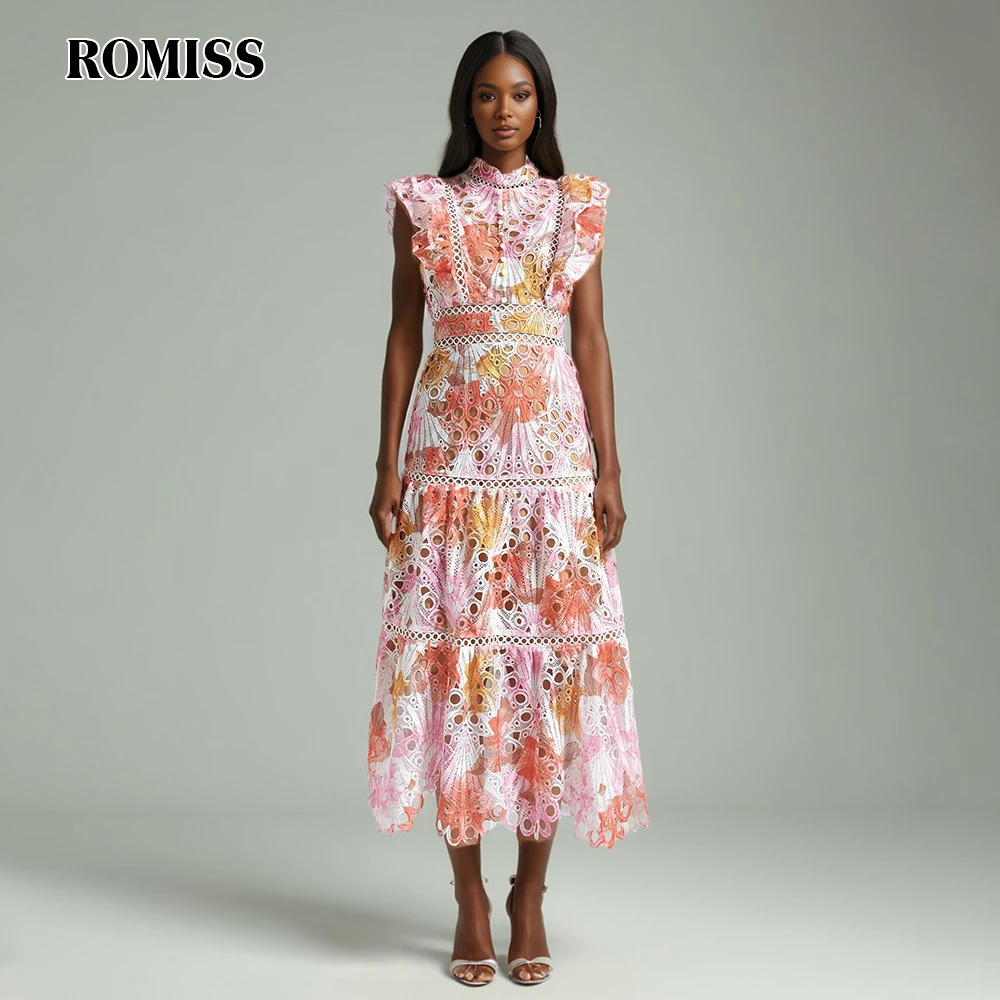 

ROMISS Colorblock Hollow Out Elegant Dress For Women Stand Collar Flying Sleeve High Waist Temperament Dress Female New