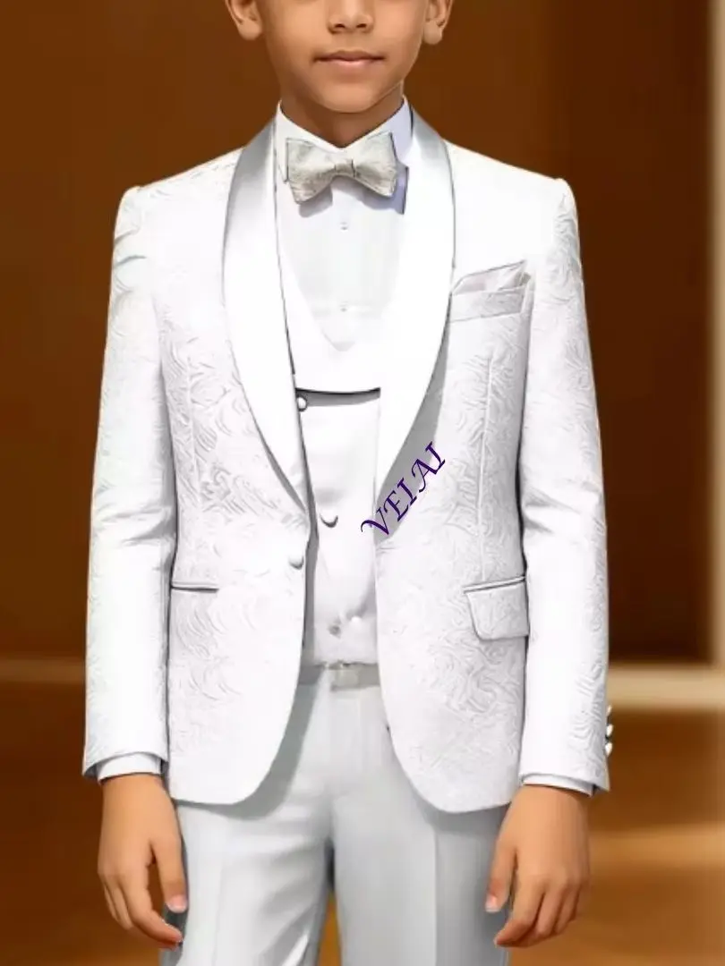 3-teiliger formeller Jacquard-Anzug für Jungen – Champagnerfarbener Blazer mit Schalkragen, Weste & Hose für Trauzeugen & Hochzeiten