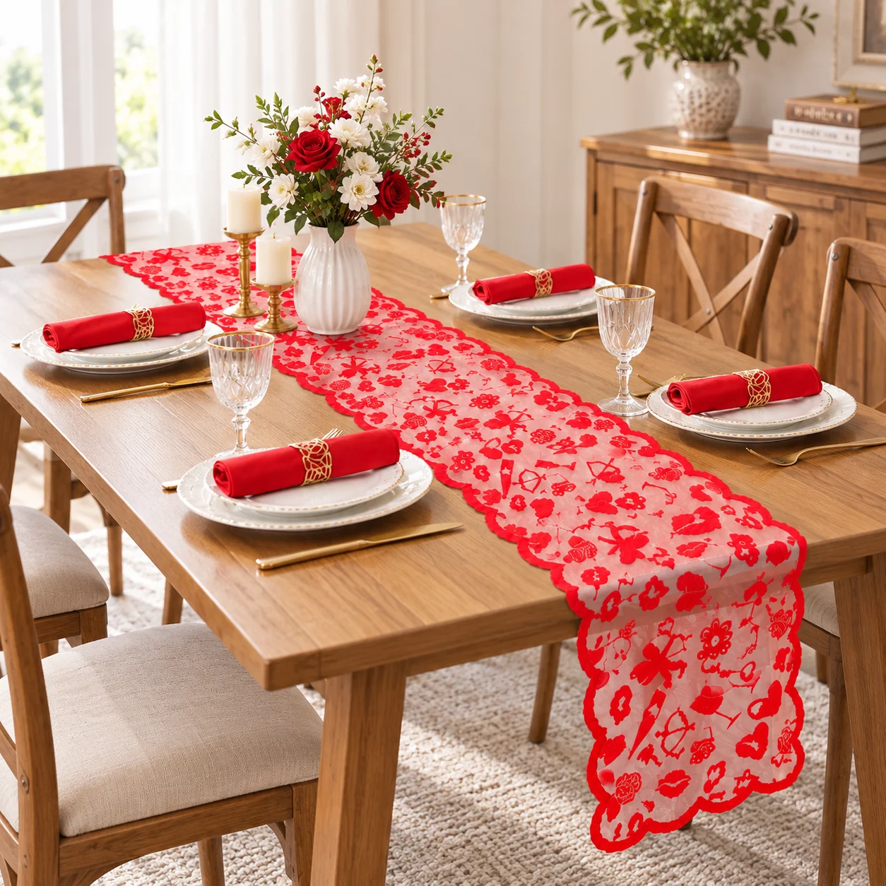 1pc Valentine Red Lace Table Runner 180cm, Hollow Cupid Rose Heart Design, Romantic Table Decor for Wedding Anniversary Dinner