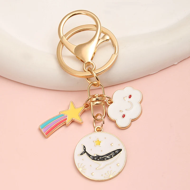 Cute Enamel Keychain Shooting Star Cloud Whale Key Ring Dolphin Key Chains Animal Gifts For Women Men DIY Handmade Jewelry