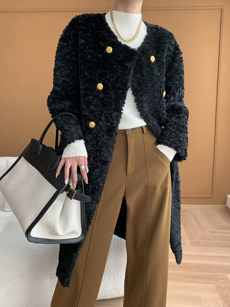 [EAM] Beige Lambswool Thick Warm Big Size Long Jacket New O-neck Long Sleeve Women Coat Fashion Tide Autumn Winter 2024 1DH7884