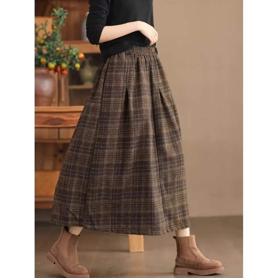 

Шерстяная юбка в клетку в стиле ретро, женская зимняя утягивающая юбка трапециевидной формы с эластичной резинкой на талии, модная длинная юбка трапециевидной формы с высокой талией