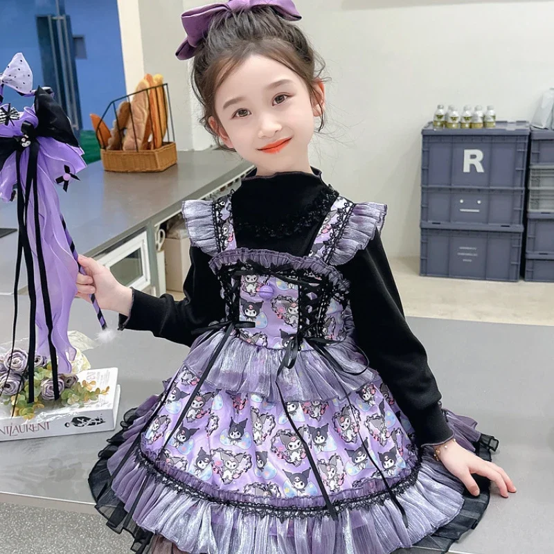 Anime Sanrio Cartoon Kuromi Girl Dress Summer Girly Cute Children's Lolita Princess Kawaii Loose Fitting Dress Kid Birthday Gift