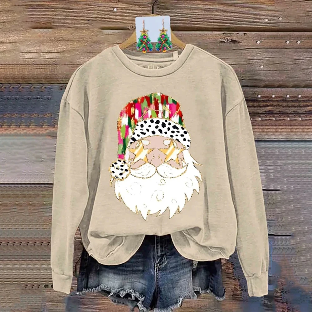 Santa Claus Print Hoodies For Women Christmas O-Neck Swearshirts Fashion Female Funny Clothing Oversized Long Sleeve Sweatshirt