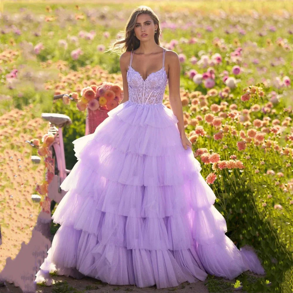 

Purple 2024 New Luxury Evening Dress Fairy Exquisite Spaghetti Straps Princess Ball Gowns Puffy Tiered Banque Vestidos De Novia