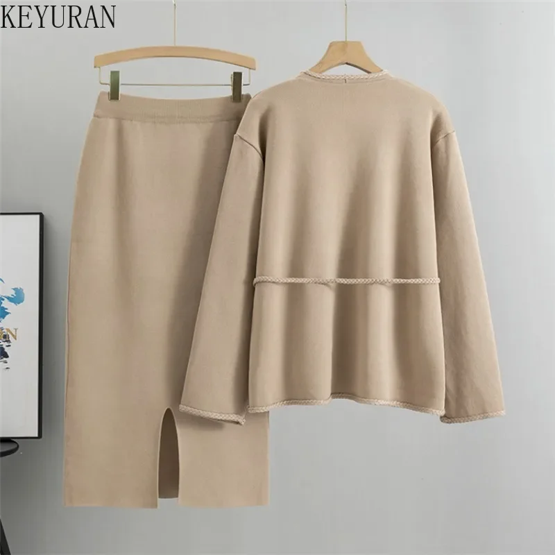 Autumn Winter Elegant Knitted Skirt Set Women Korean Long Sleeve Sweater Cardigan + Casual Skirt Suit Office Lady Two-piece Sets