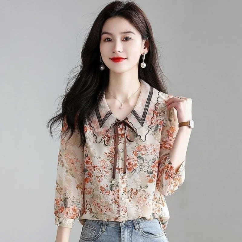 Floral Chiffon Button Blouse Summer New 3/4 Sleeve Lacing Loose Print Office All-match Shirt Tops Elegant Fashion Women Clothing