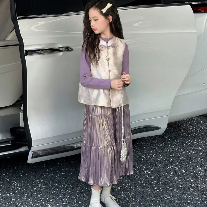 

2026 New Children's Spring/Autumn Vest Top Skirt 3-Piece Set Girls' New Chinese Style Sleeveless Vest Clothing Set For GiftLJ280