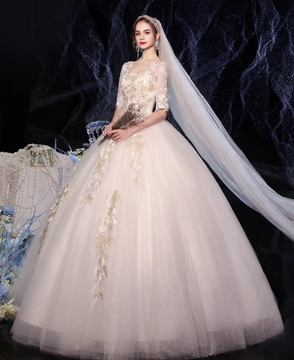 Romantic V Neck Half Sleeve Lace Bridal Gown Gold Floral Glitter Tulle Corset Champagne Wedding Dress Robe De Mariee Custom Plus