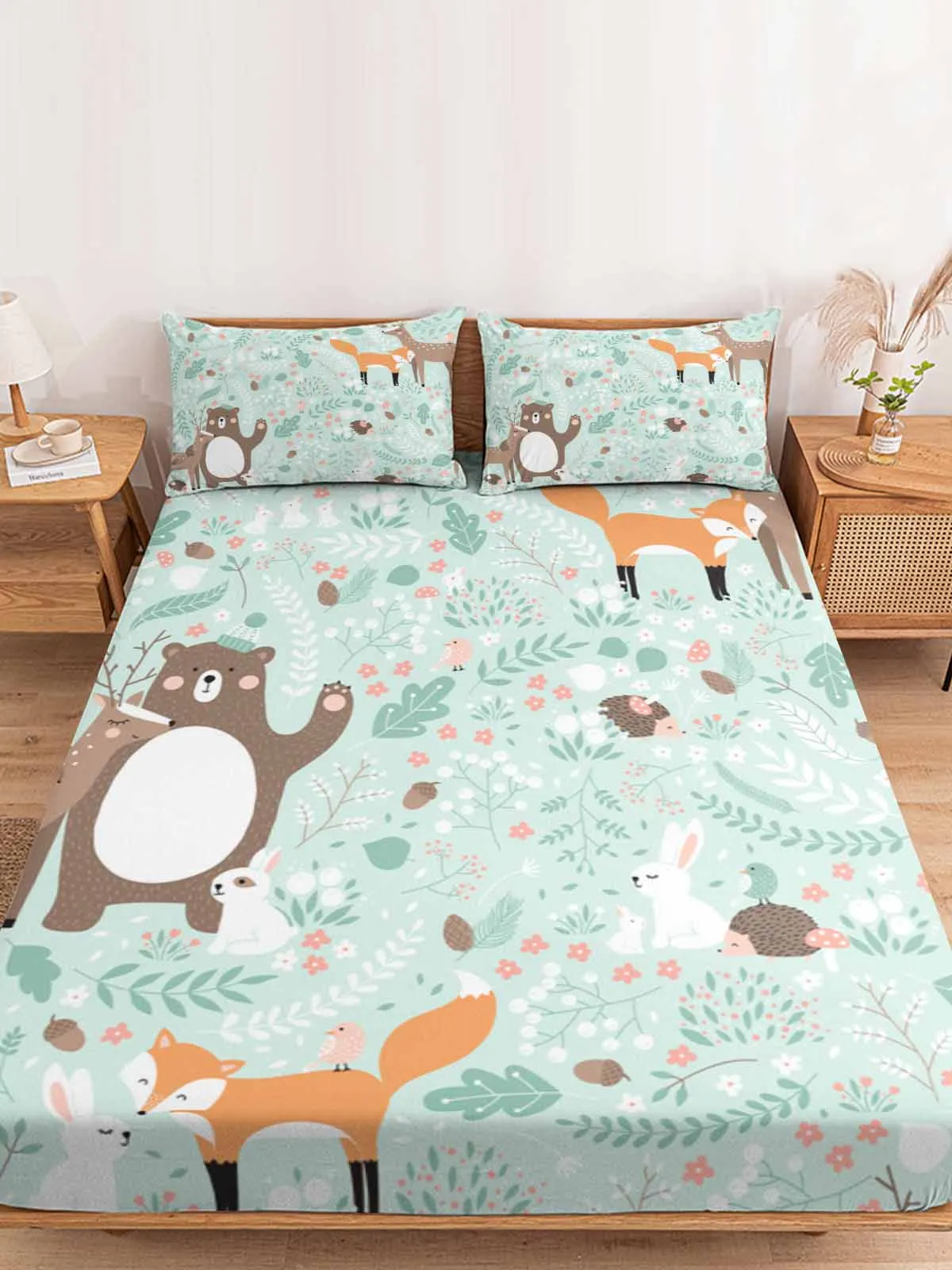 

Forest Animals Cute Children Queen Size Bed Mattress Fitted sheet Elastic Rubber Band Non-slip Bed Sheet Pillowcase Set