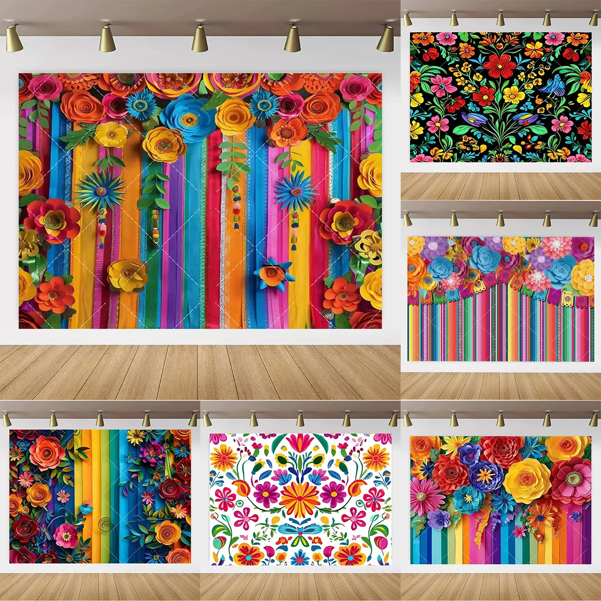 

Carnival Mexico Colorful Flower Decor Backdrop Banner Colorful Stripes Paper Flowers Carnival Party Supplies Photography Props
