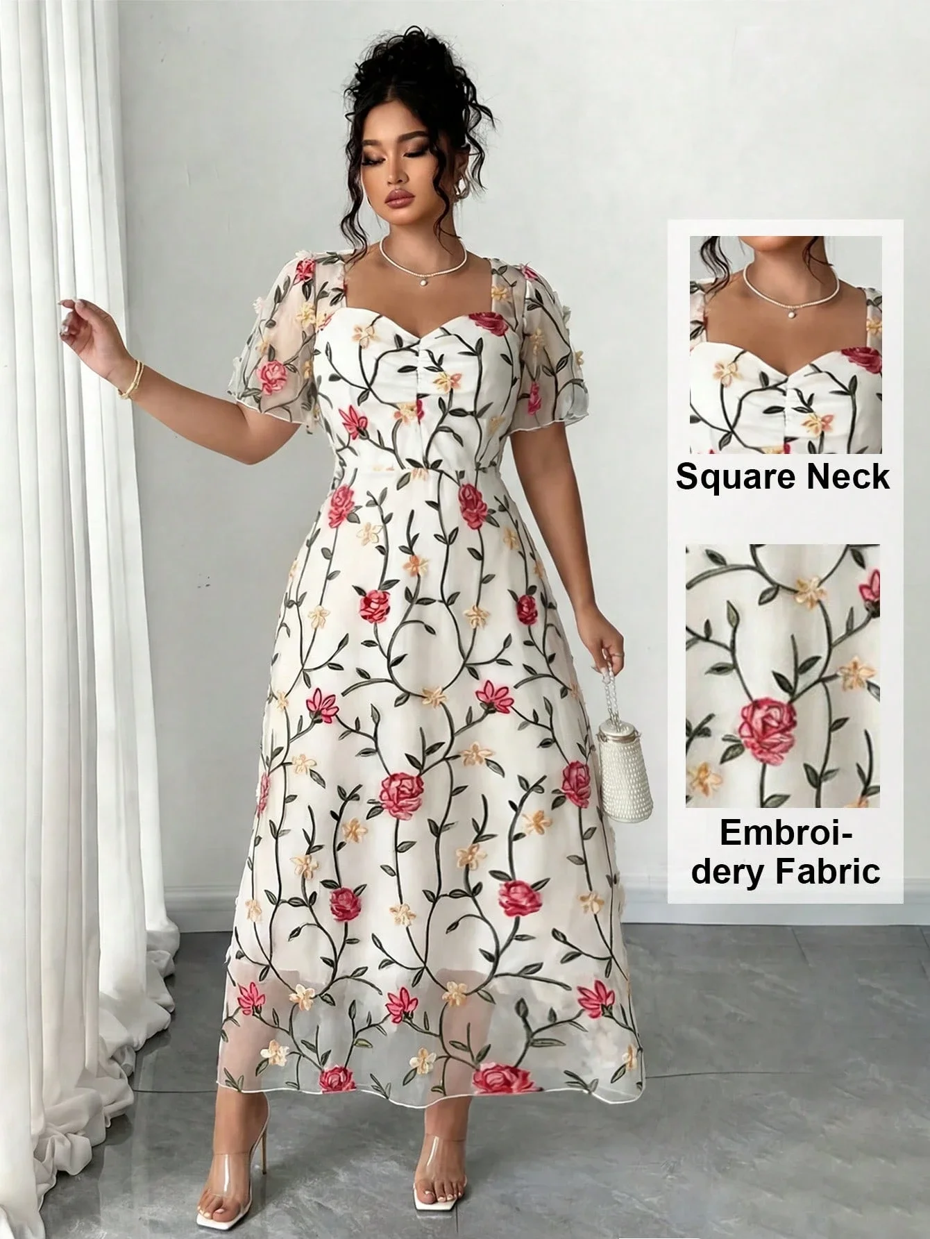 

Элегантное женское макси-платье с квадратным вырезом и цветочной вышивкой
