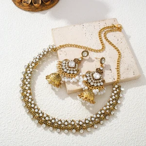 Indische Bronze -Perlenperlen für Frauen, Kristallanhänger, Ohrringe, Halskette, Ethnie, Strasssteine, Brautgeschenke 8 Hauptverkäufe einheimische Perlen Halskette - №4