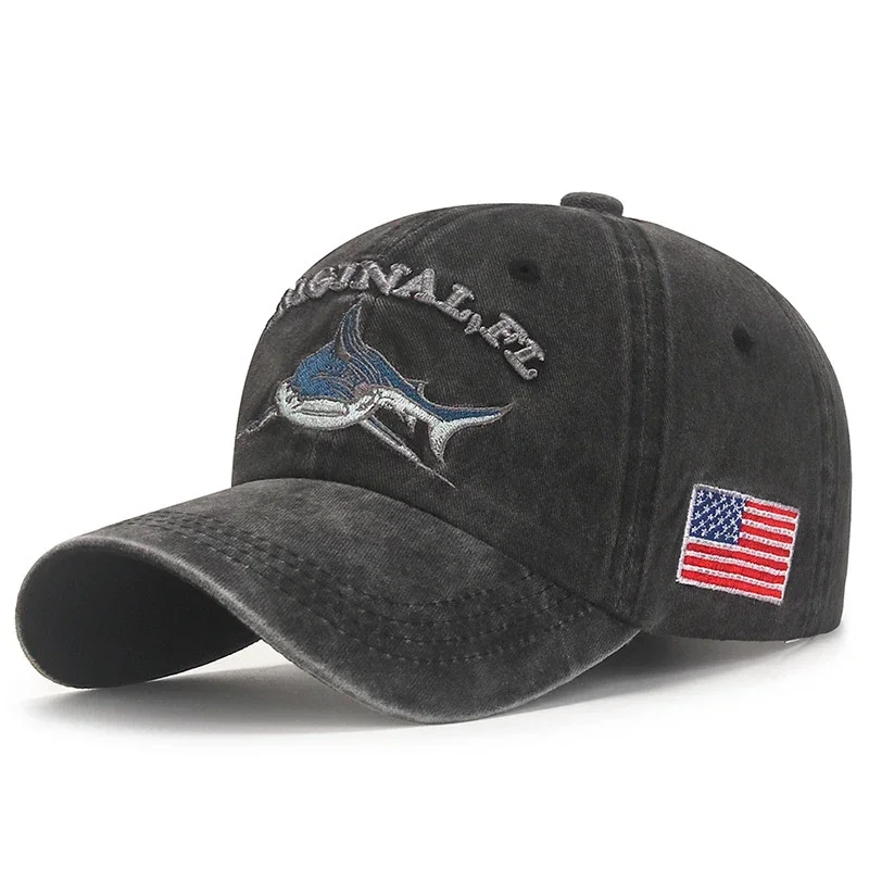 Shark Graphic And American Flag Embroidery Men Women Adjustable Baseball Cap