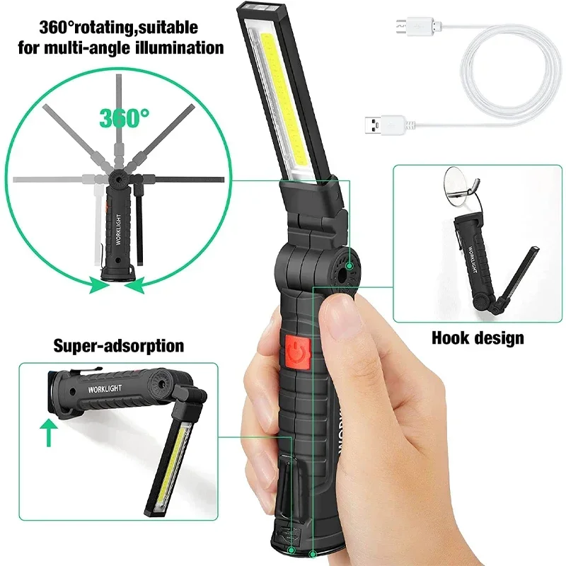 LED Work Light COB Rechargeable Work Flashlight with Magnetic Base Hanging Hook and 360° Rotate 5 Modes Portable for Car Repair