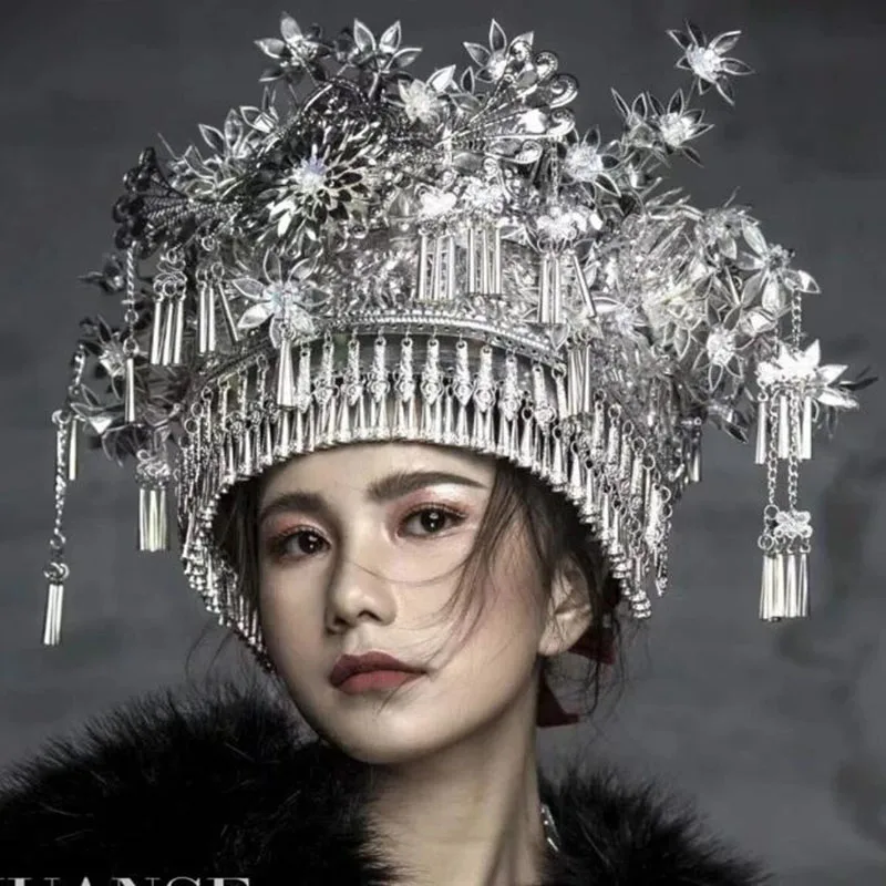 Chinese Hmongb Sliver Hat Women Festival Headwear Metal Flower Folk Dance Headdress