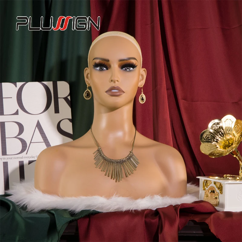 

Голова манекена Plussign с плечами Светло-коричневая кожа с ресницами и тенями для век ПВХ Премиум Половина тела Голова манекена Подставка для парика