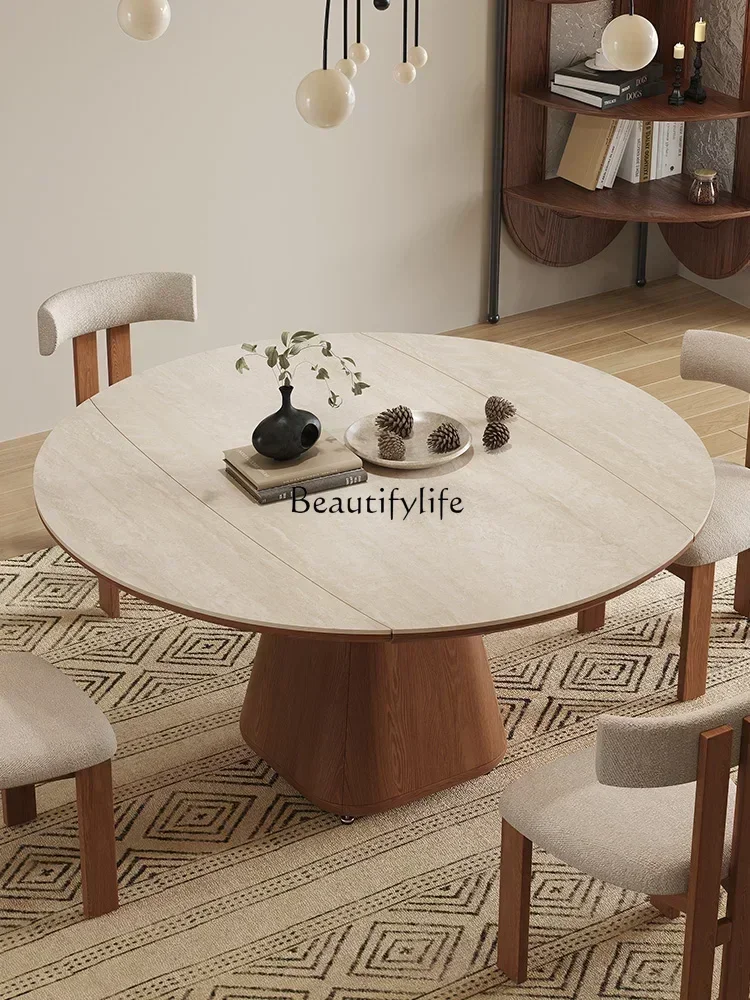 

yj15 Solid Wood Square round Dual-Use Cave Stone Stone Plate Retractable Dining Table Small Apartment Foldable Dining Table and