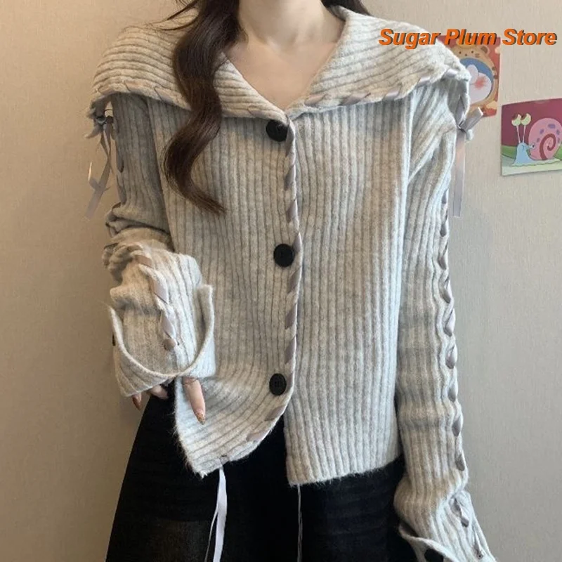 Navy Neck Sweater Coat Women's Spring and Autumn New Plus Size Fashionable Western Style Age-reducing Coat Short Knit Cardigan
