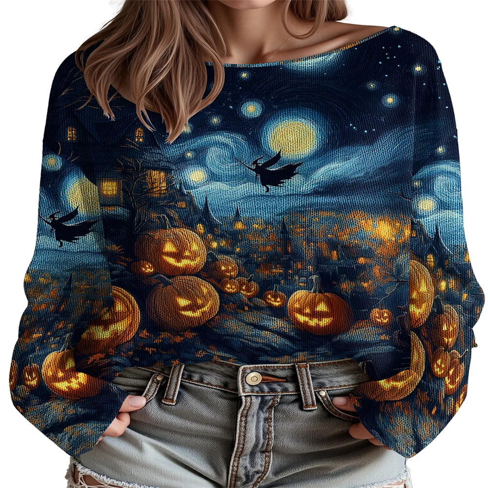 

Halloween Pumpkin Print Sweater Women's Classic-Fit Knitted Jumpers Long Sleeve Streetwear Trendy Pullover Tops 16