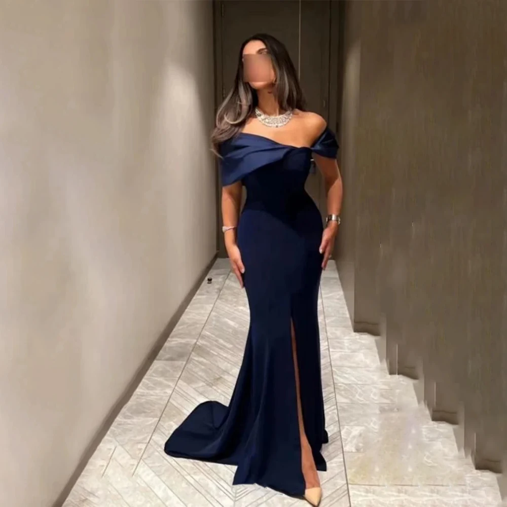 

Elegant 2025 Slit Mermaid Navy Blue Evening Dress Off Shoulder Wedding Party Gowns Formal Prom Dress Saudi Arabic Customized