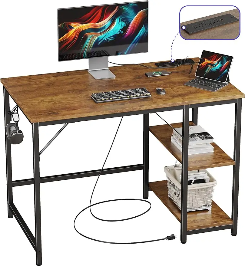 40 Inch Small Gaming White Computer Desk with Power Outlets, Home Office Desk with Storage Shelves and PC Stand for Sma