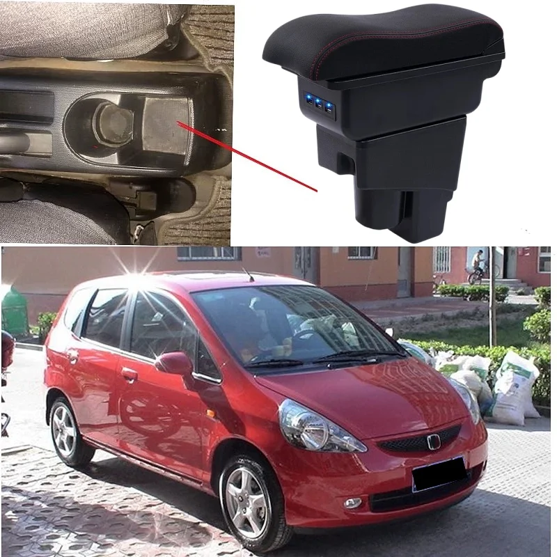 Boîte d'accoudoir de voiture pour Honda Fit Jazz 1 2002-2007, pièces de modification et de rétrofit, boîte de rangement centrale avec USB et LED, accessoires