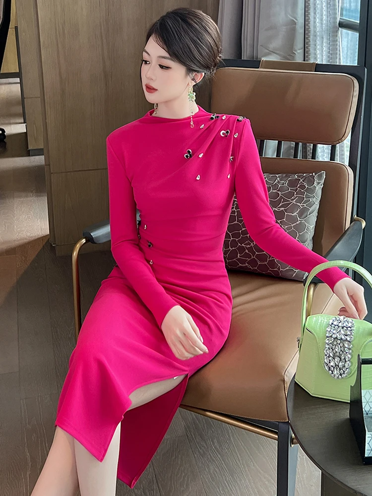 Luxury Formal Dresses Women French Style Diamond Sequin Flower Slit Robe Female Professional Business Party Vestidos