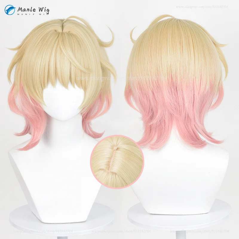 Emilie Cosplay Wig Golden Pink Gradient 35cm Short Wigs Heat Resistant Synthetic Hair Women Halloween Anime Wigs + Wig Cap