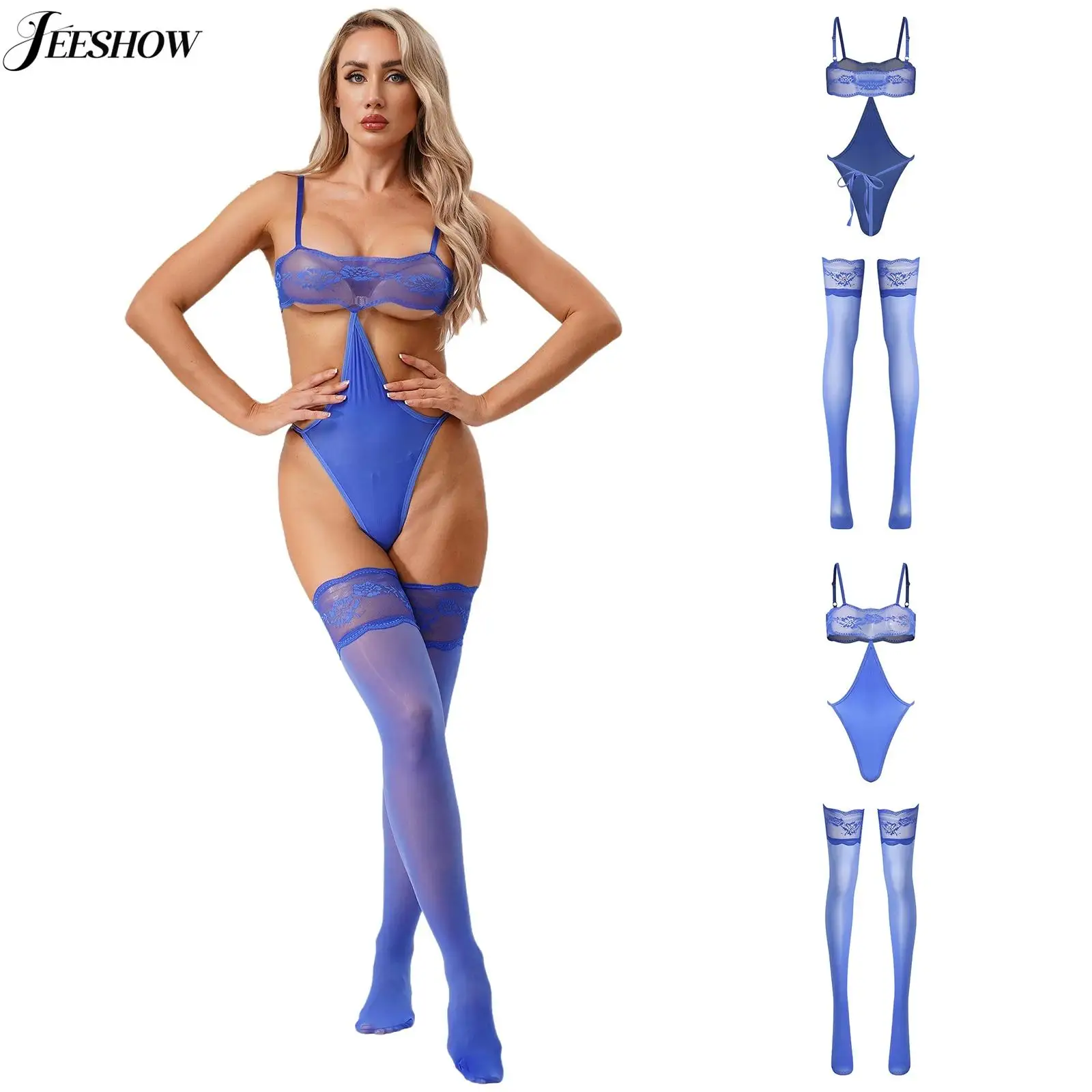 

Womens Sexy See Through Lace Trim Bodysuit Adjustable Spaghetti Straps Hollow Out High Cut Leotrad with Stockings Lingerie Sets