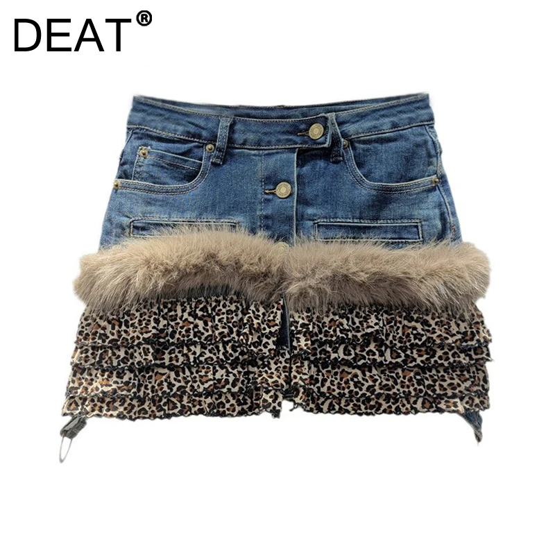 DEAT Women's Skirt High Waist Patchwork Plush Leopard Printed Single Breasted Short Skirts 2024 New Winter Fashion 11A01984