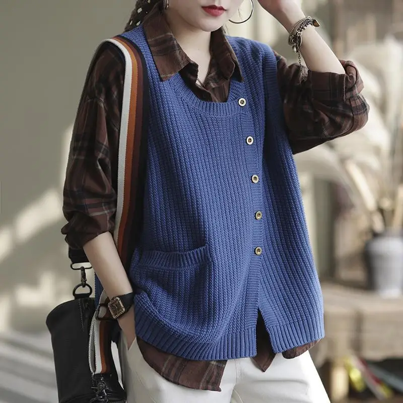 Fashion Solid Color Button Pockets Asymmetrical Vest Sweater Women\'s Clothing 2022 Autumn New Loose All-match Casual Tops