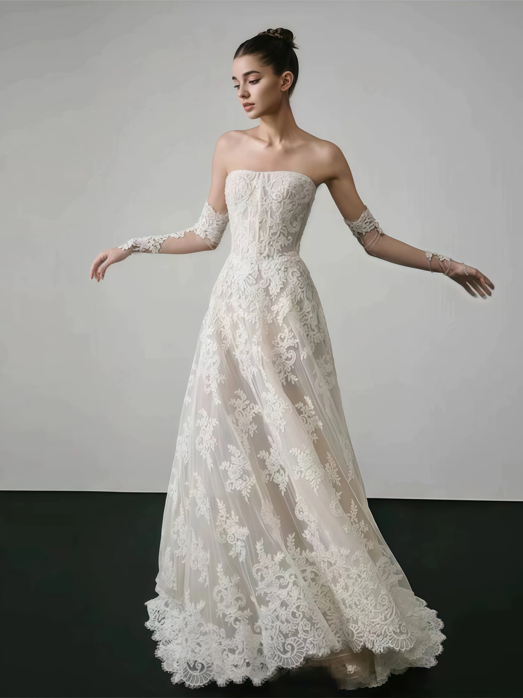 ゴージャスなホワイトレースのウェディングドレス ストラップレス クロップドスリーブ Aライン オープンバック 特別な機会 セレブリティ プロム イブニングドレス