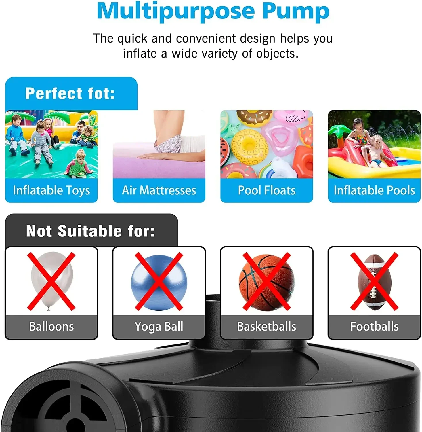 Electric Air Pump for Inflatables Quick-Fill Air Pump with 3 Nozzles 220V 110V AC/12V DC Inflator Deflator Pumps for Outdoor