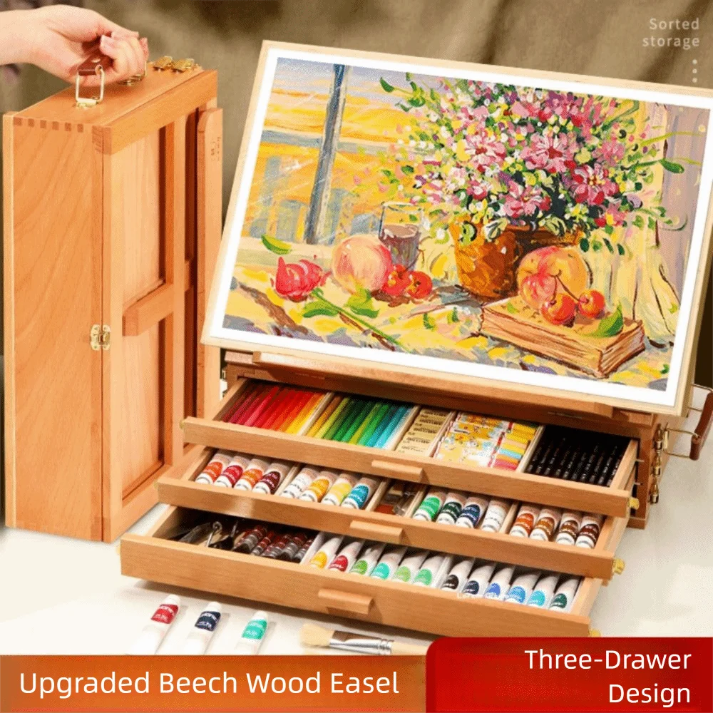 Adjustable Beech Wooden Table Easel Multifunction Oil Paint Art Painting Easel Box Folding Professional Sketch Drawer Box Travel