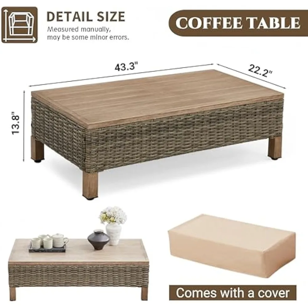 Handwoven Rattan Outdoor Coffee Table with Metal Surface, 43.3" Patio Conversation Set Table for Poolside Use