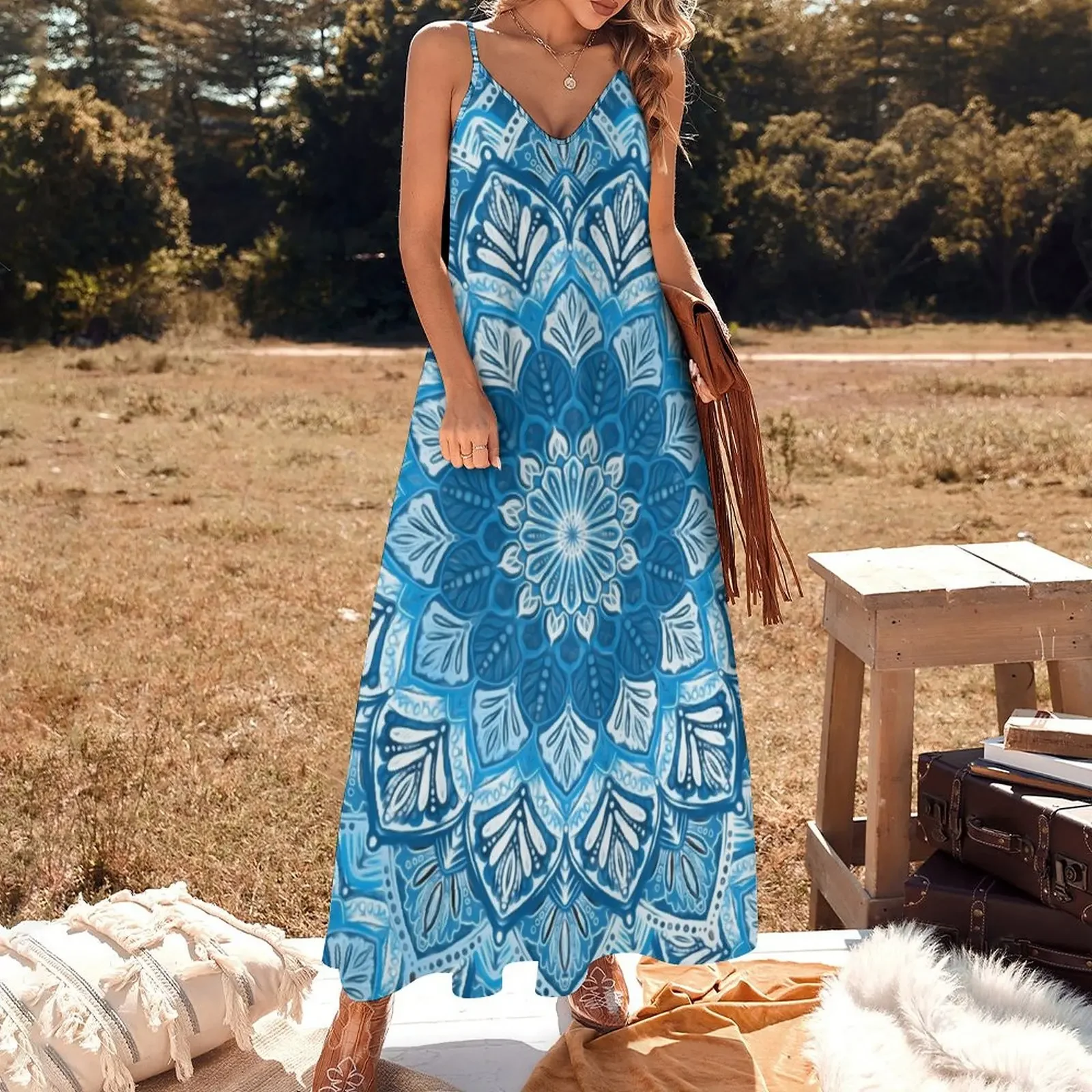 Boho Mandala in Monochrome Blue and White Sleeveless Dress festival outfit women women's summer dress 2025