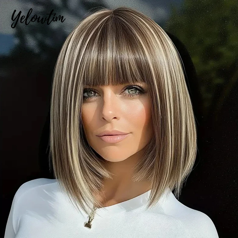 

Короткие прямые боб-серые пепельно-русые синтетические парики с челкой, натуральный парик с тупой стрижкой для белых женщин, повседневные термостойкие LM