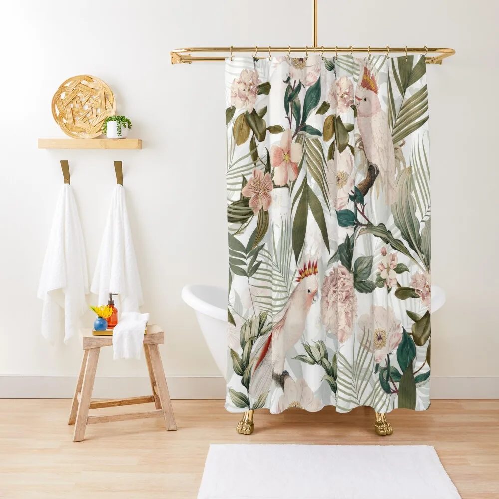 

Tropical cockatoo and jungle pattern - white Shower Curtain For The Bathroom Shower For Bathrooms Curtain